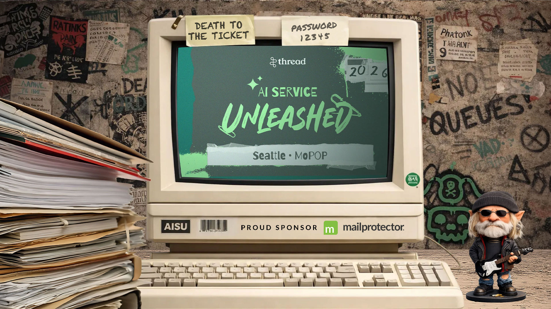 Thread's AI Service Unleashed 2026 event graphic on a retro computer screen with grunge styling, held at MoPOP in Seattle, Washington, with Mailprotector as a proud sponsor